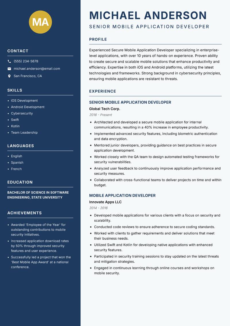 Secure Mobile Application Developer resume sample — Senior Mobile Application Developer focus