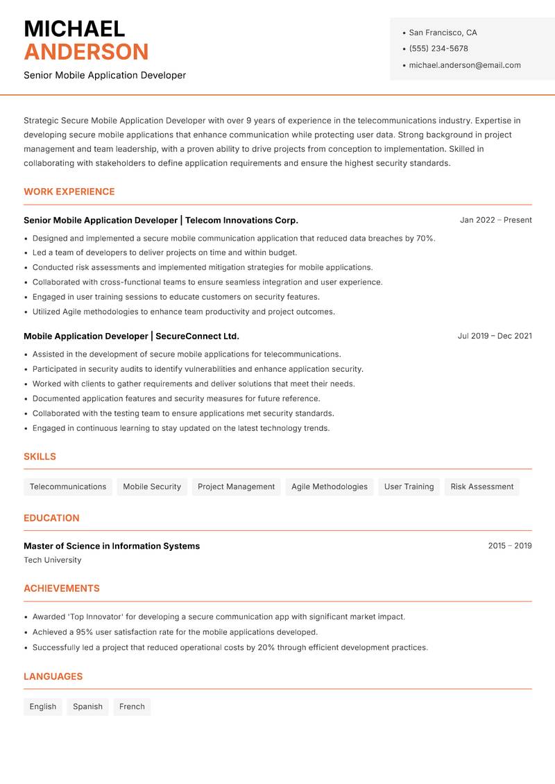 Secure Mobile Application Developer resume sample — Senior Mobile Application Developer focus