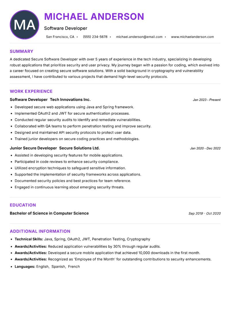 Secure Software Developer resume example