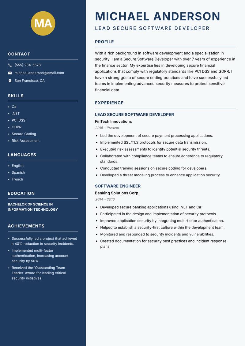 Secure Software Developer resume sample — Lead Secure Software Developer focus