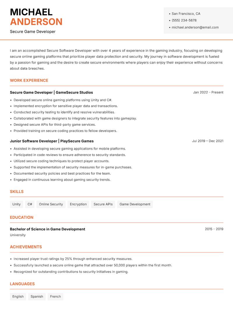 Secure Software Developer resume sample — Secure Game Developer focus