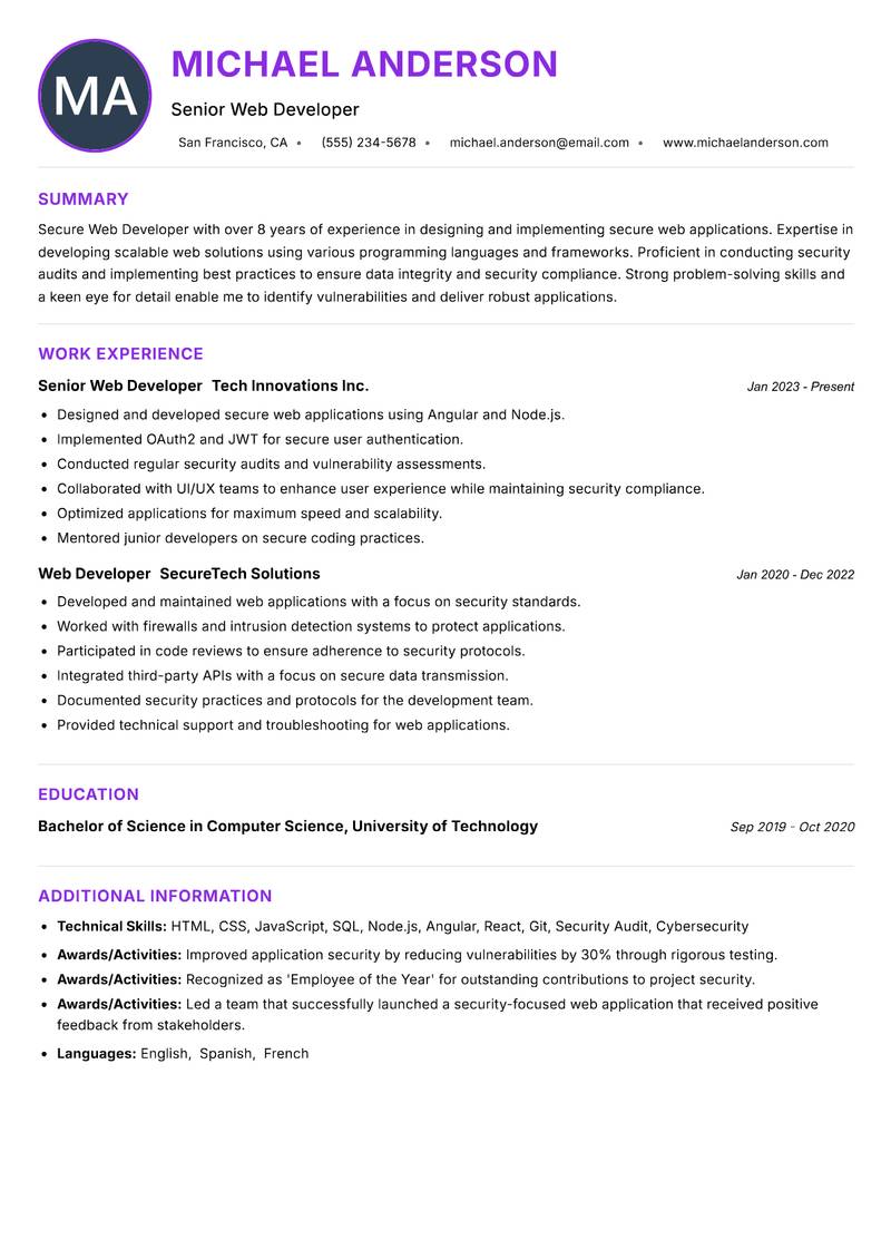 Secure Web Developer resume example