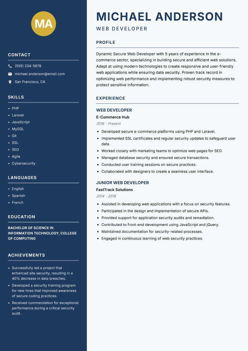 Secure Web Developer resume sample — Web Developer focus
