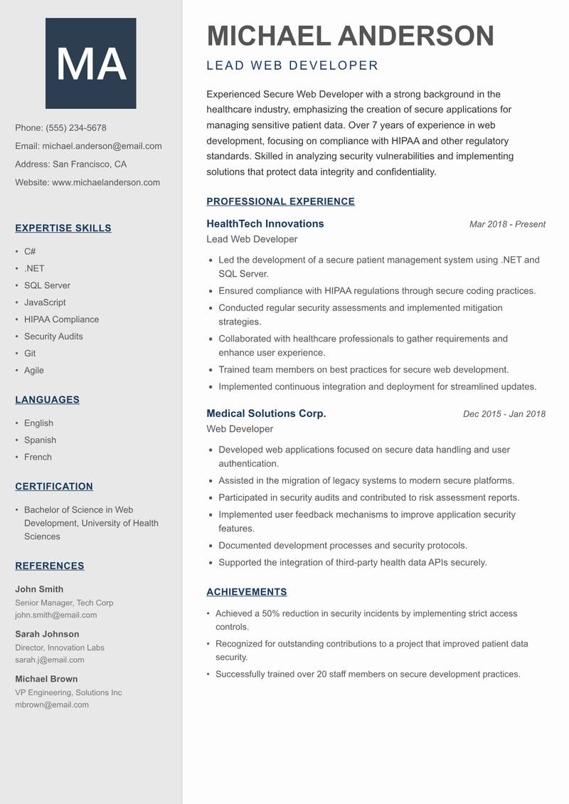 Secure Web Developer resume sample — Lead Web Developer focus
