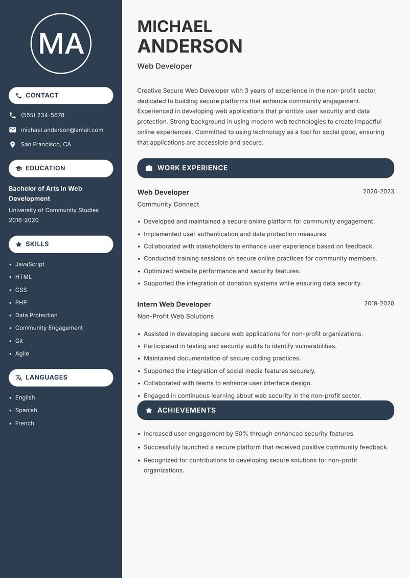 Secure Web Developer resume sample — Web Developer focus