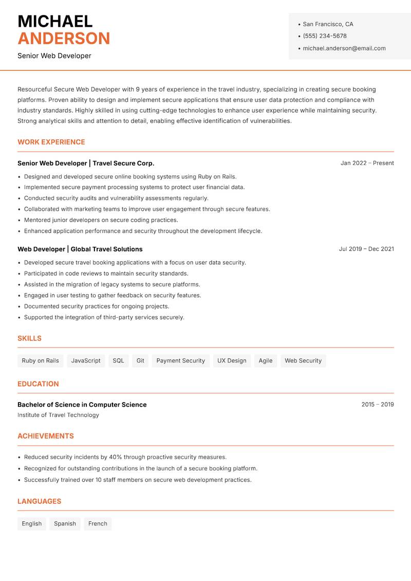 Secure Web Developer resume sample — Senior Web Developer focus