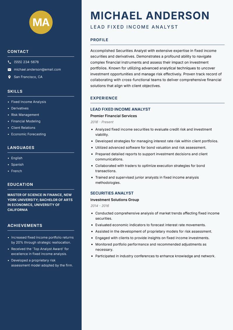 Securities Analyst resume sample — Lead Fixed Income Analyst focus