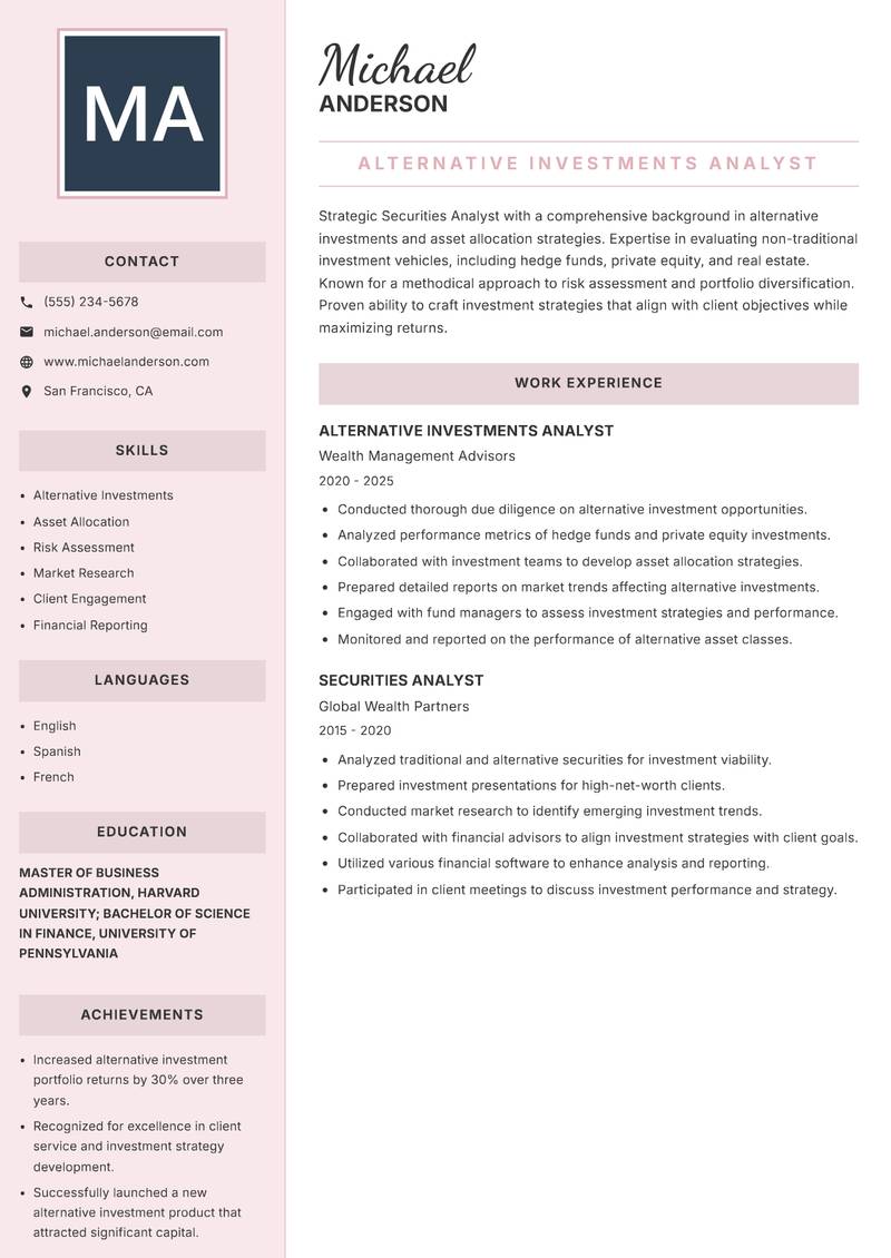 Securities Analyst resume sample — Alternative Investments Analyst focus