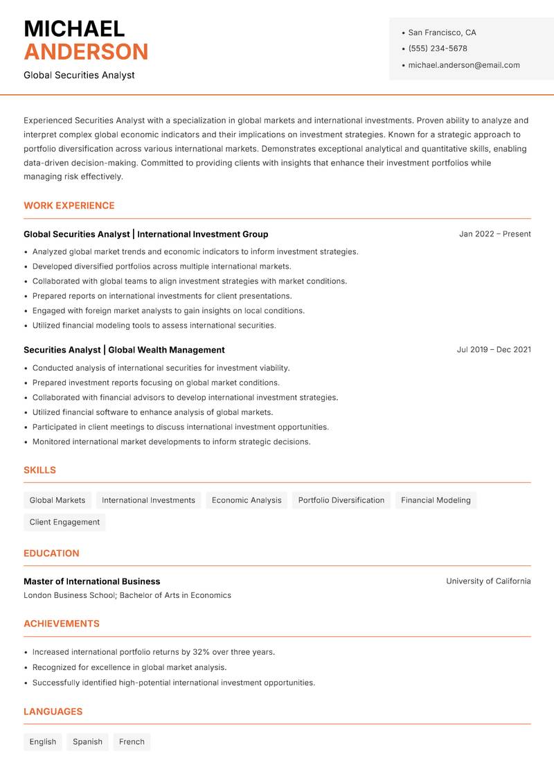 Securities Analyst resume sample — Global Securities Analyst focus