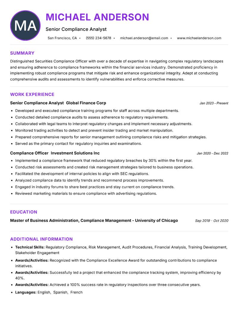 Securities Compliance Officer resume example