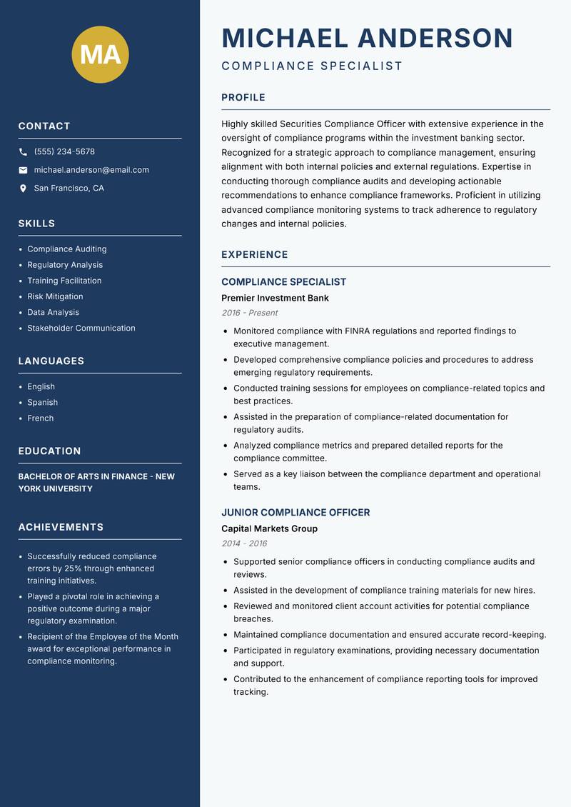 Securities Compliance Officer resume sample — Compliance Specialist focus