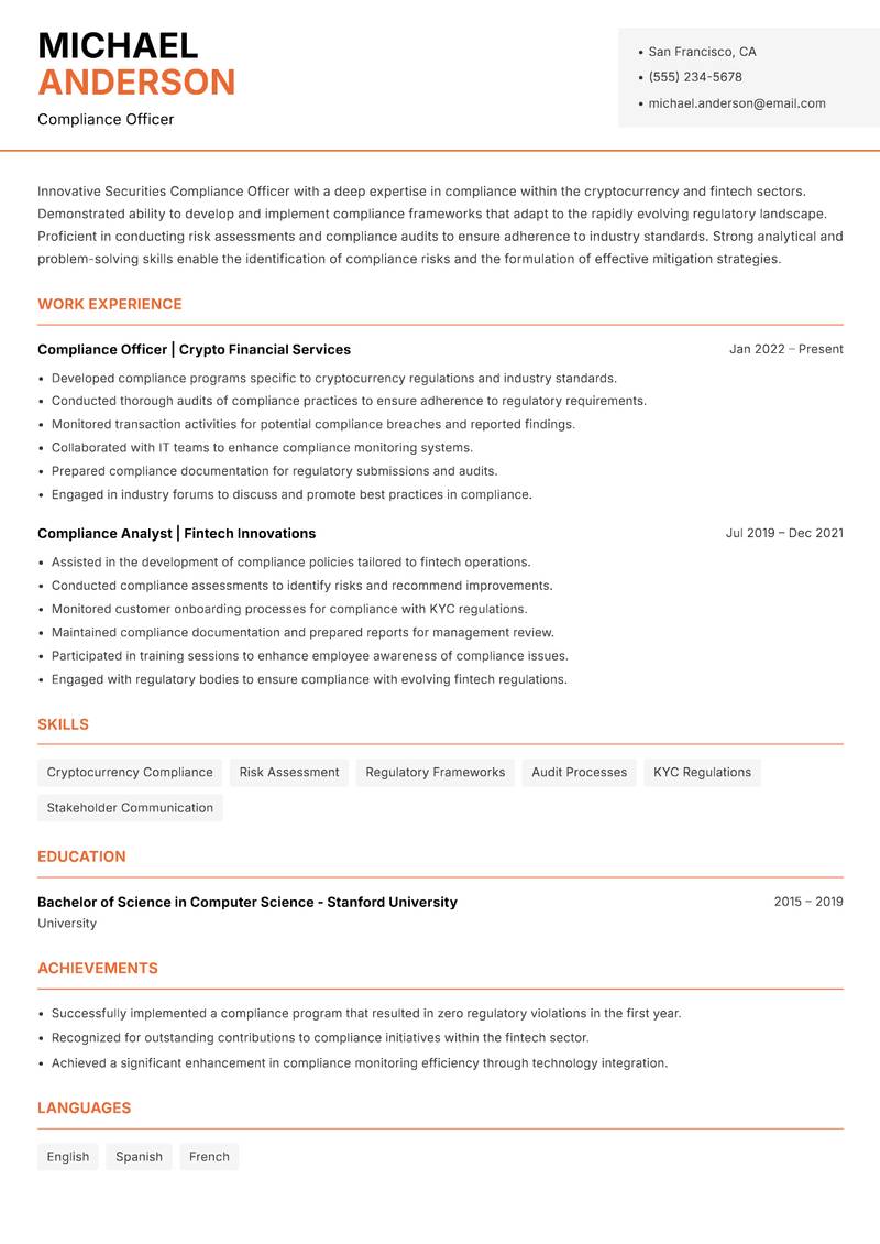 Securities Compliance Officer resume sample — Compliance Officer focus