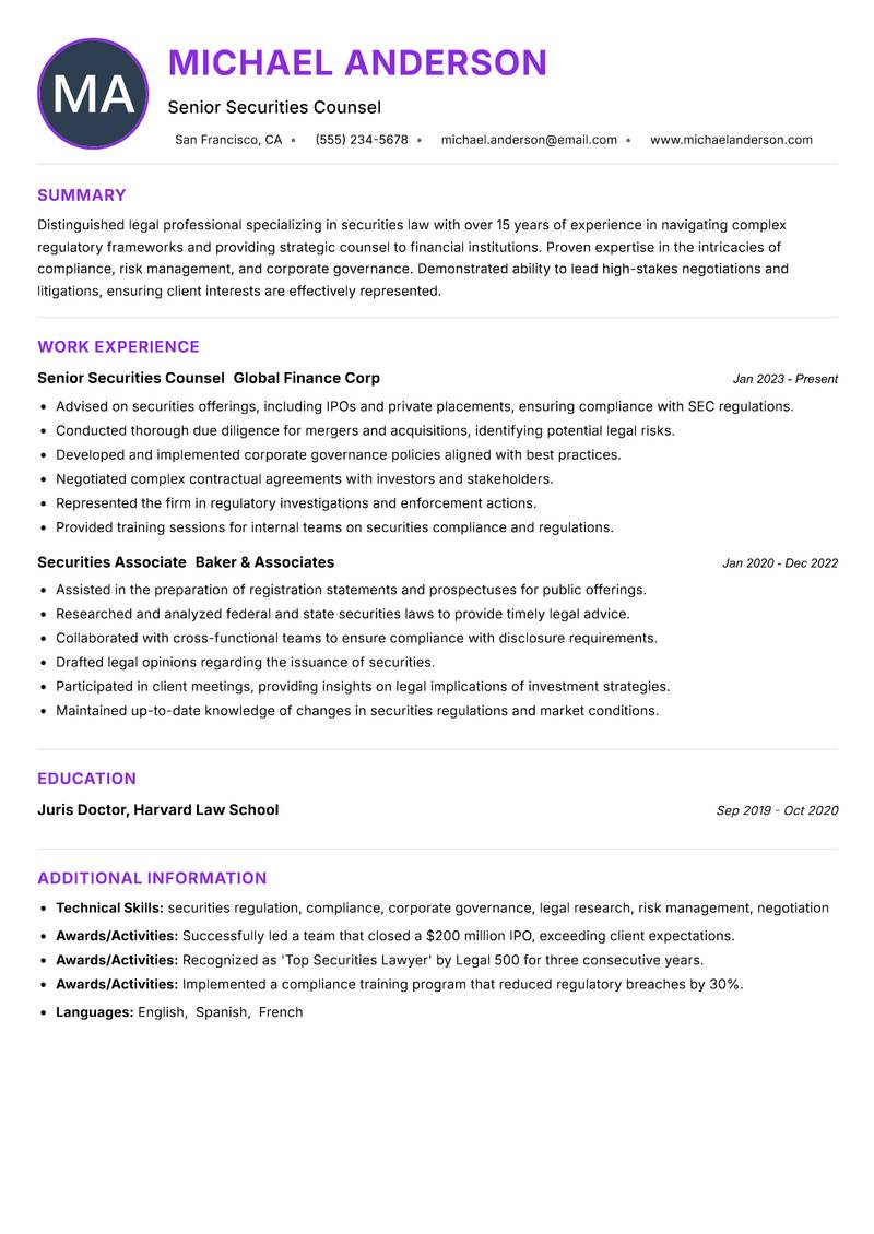 Securities Lawyer resume example