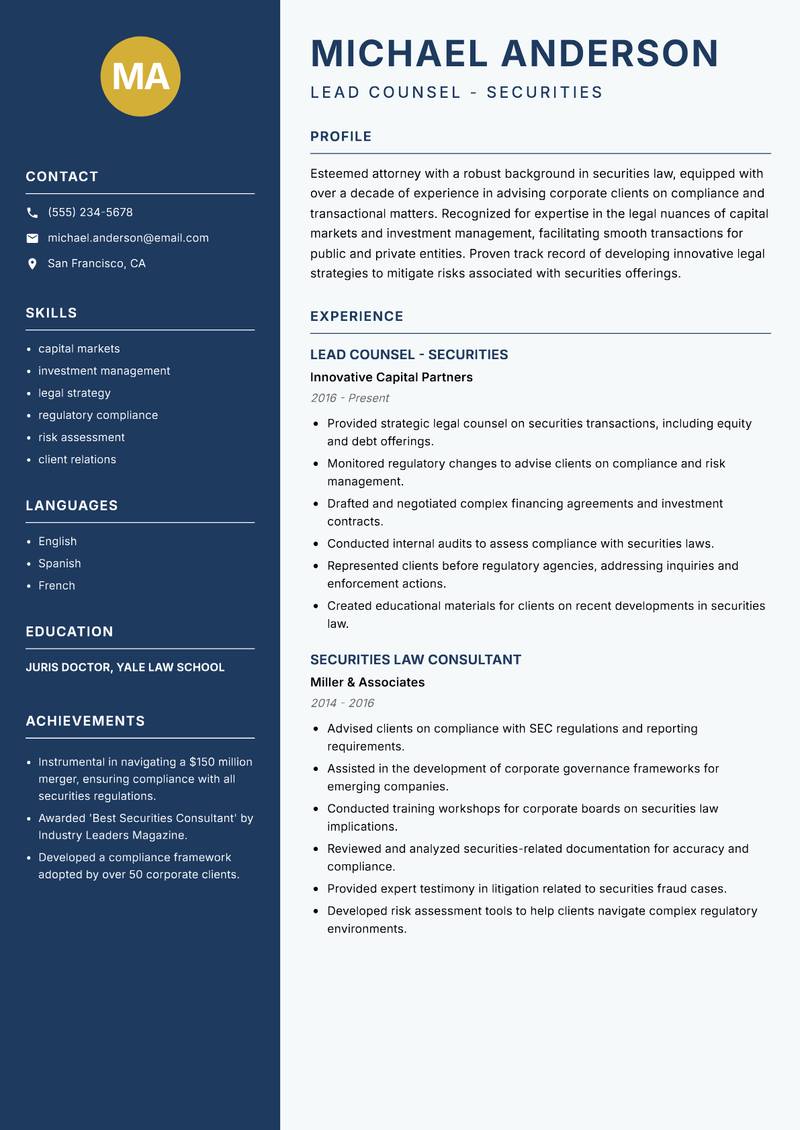 Securities Lawyer resume sample — Lead Counsel - Securities focus