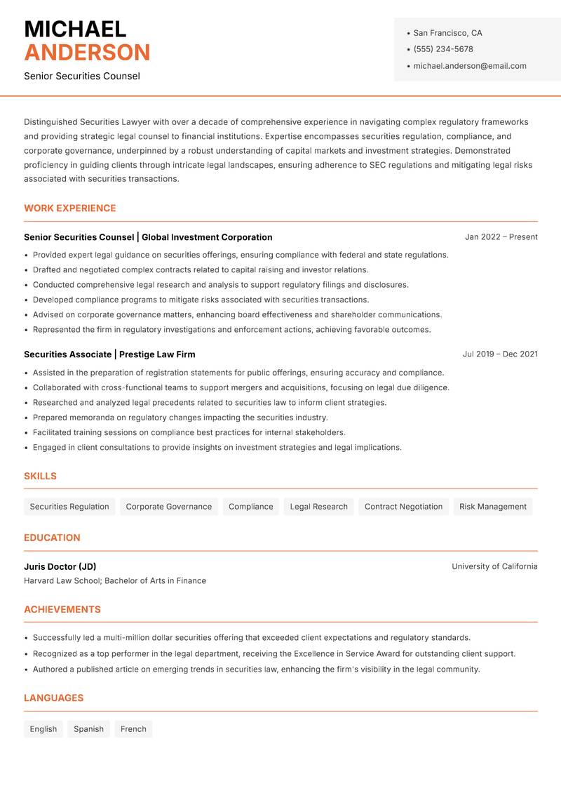 Securities Lawyer resume sample — Senior Securities Counsel focus