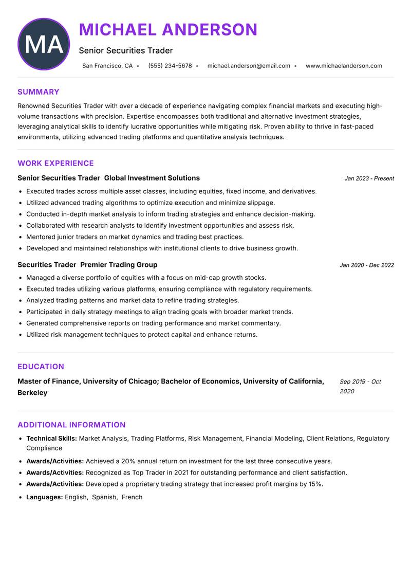 Securities Trader resume example