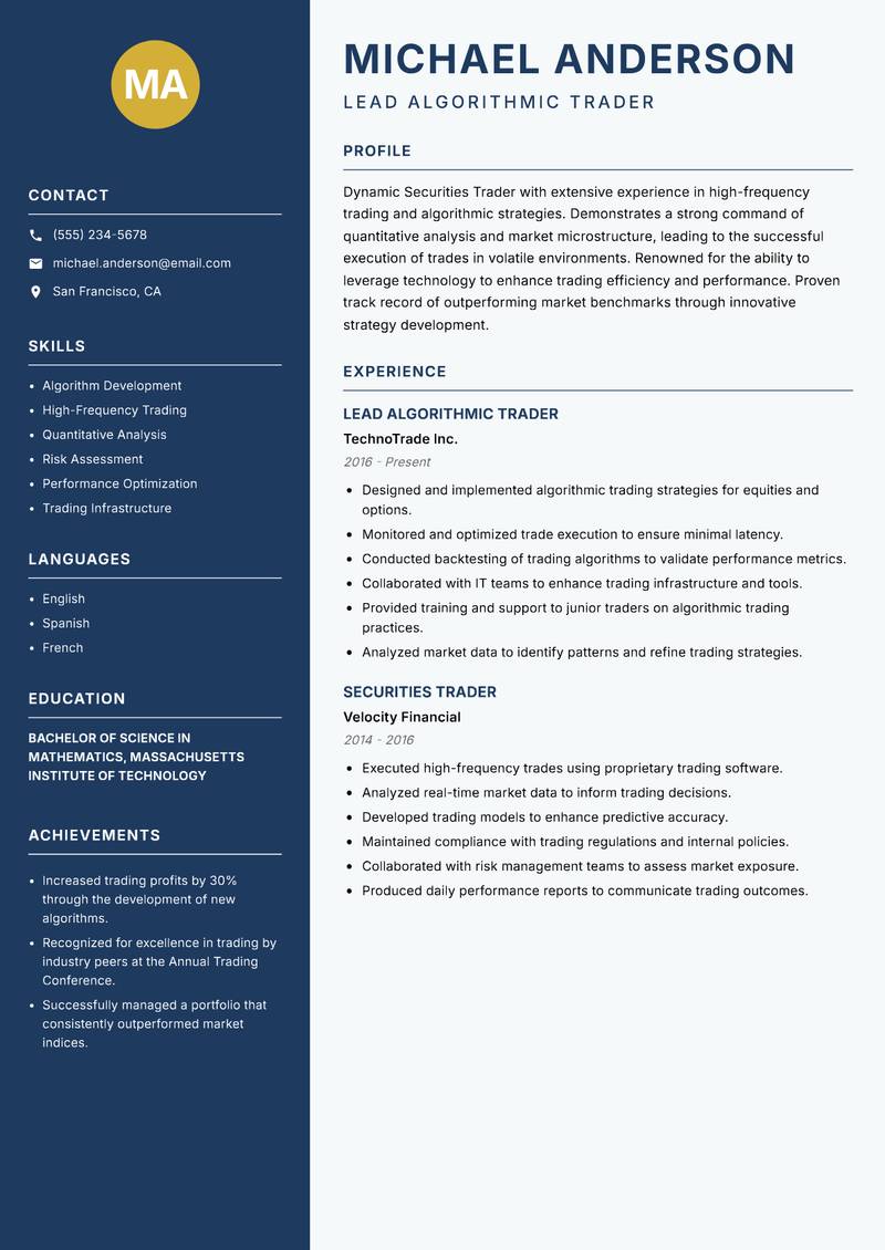 Securities Trader resume sample — Lead Algorithmic Trader focus