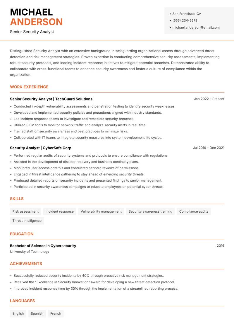 Security Analyst resume sample — Senior Security Analyst focus