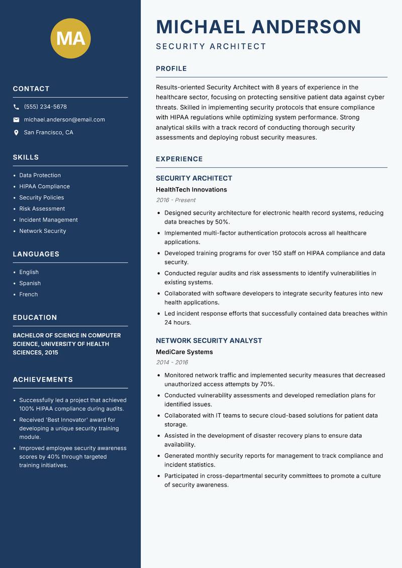 Security Architect resume sample — Security Architect focus