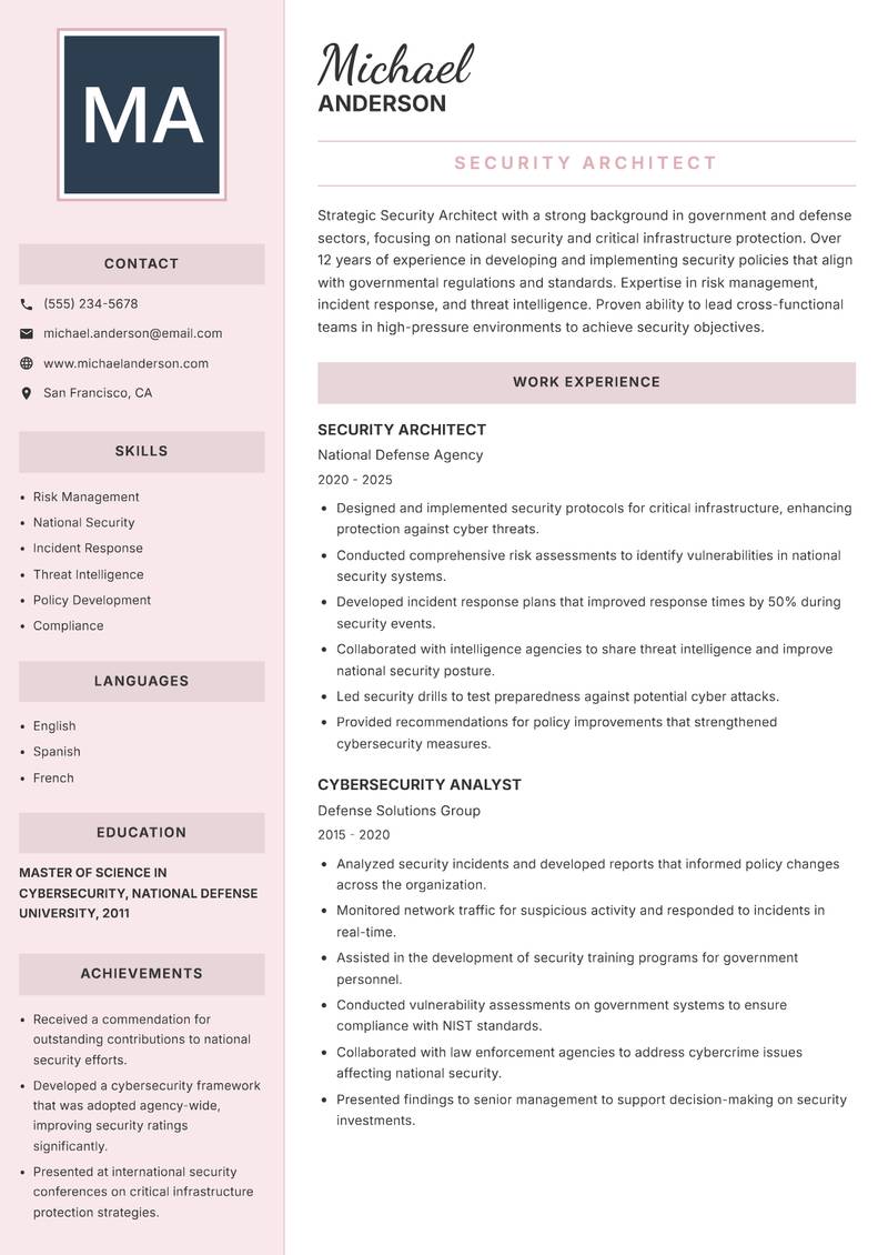 Security Architect resume sample — Security Architect focus