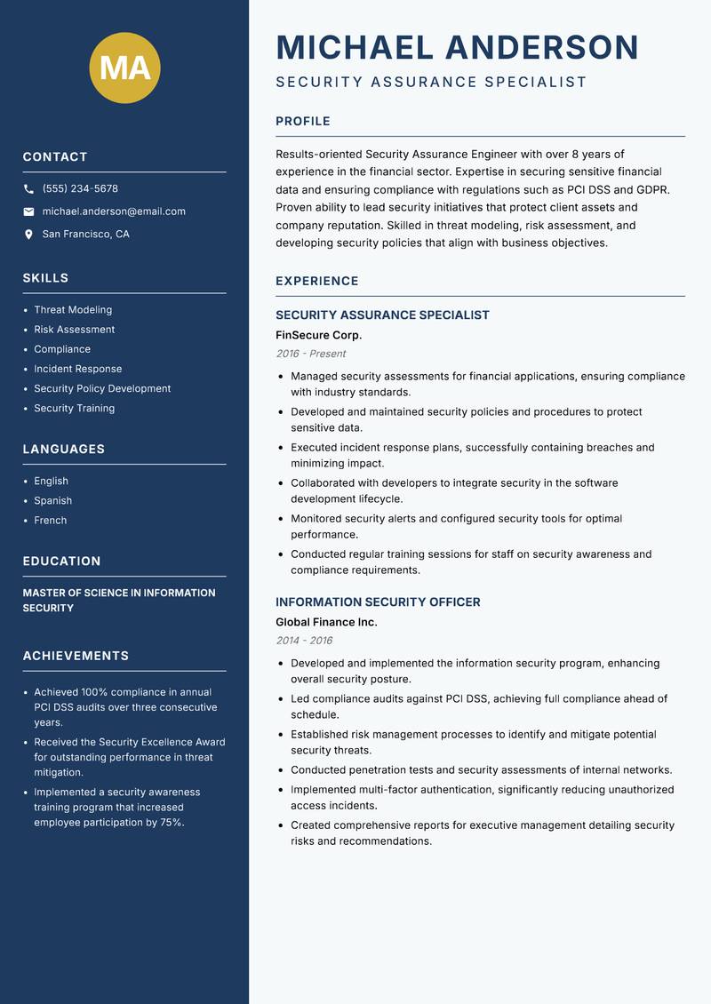 Security Assurance Engineer resume sample — Security Assurance Specialist focus