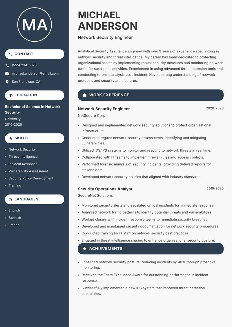 Security Assurance Engineer resume sample — Network Security Engineer focus