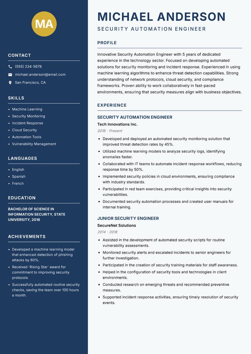 Security Automation Engineer resume sample — Security Automation Engineer focus
