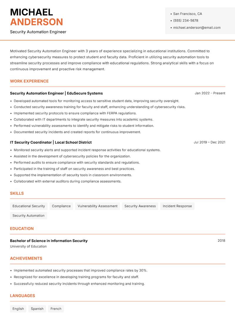 Security Automation Engineer resume sample — Security Automation Engineer focus