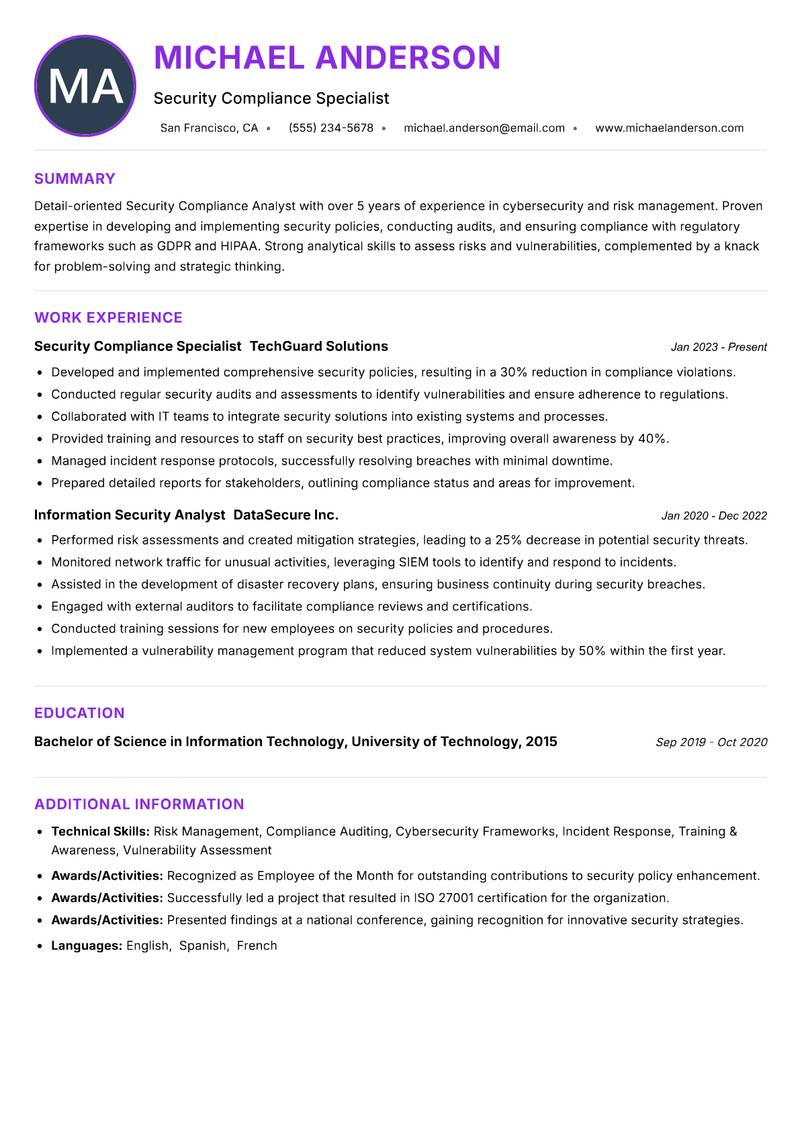 Security Compliance Analyst resume example