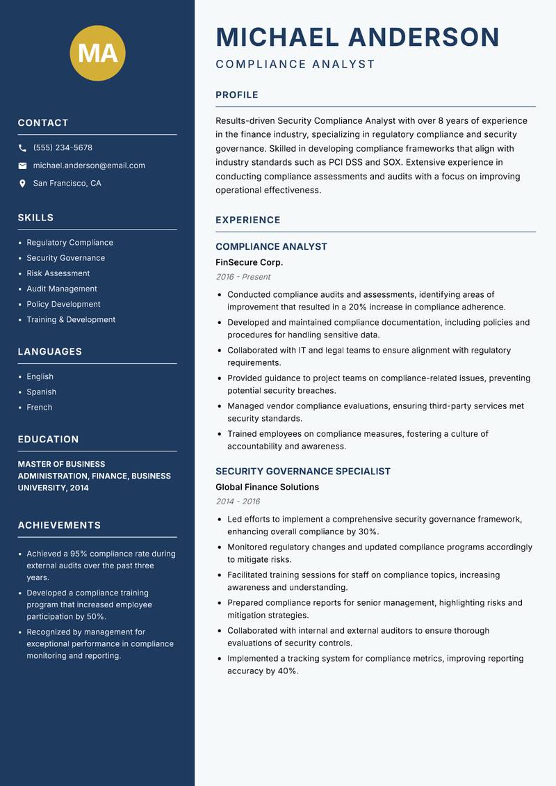 Security Compliance Analyst resume sample — Compliance Analyst focus