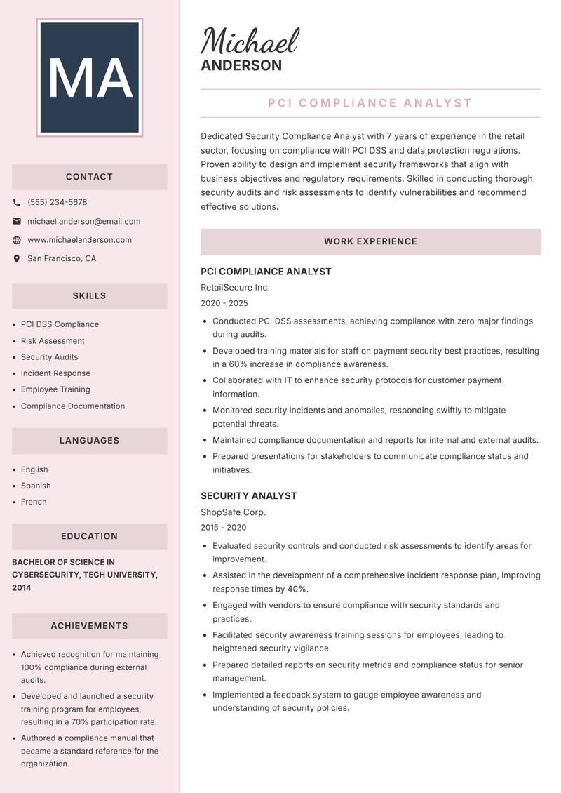 Security Compliance Analyst resume sample — PCI Compliance Analyst focus