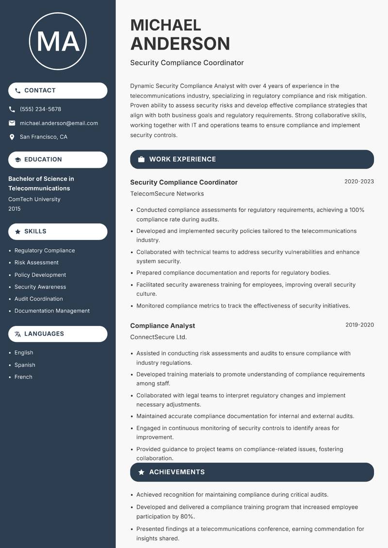 Security Compliance Analyst resume sample — Security Compliance Coordinator focus