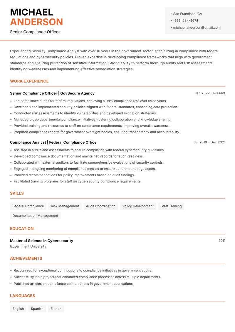 Security Compliance Analyst resume sample — Senior Compliance Officer focus