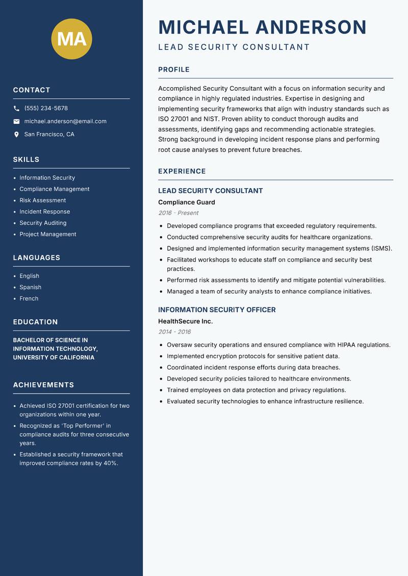 Security Consultant resume sample — Lead Security Consultant focus
