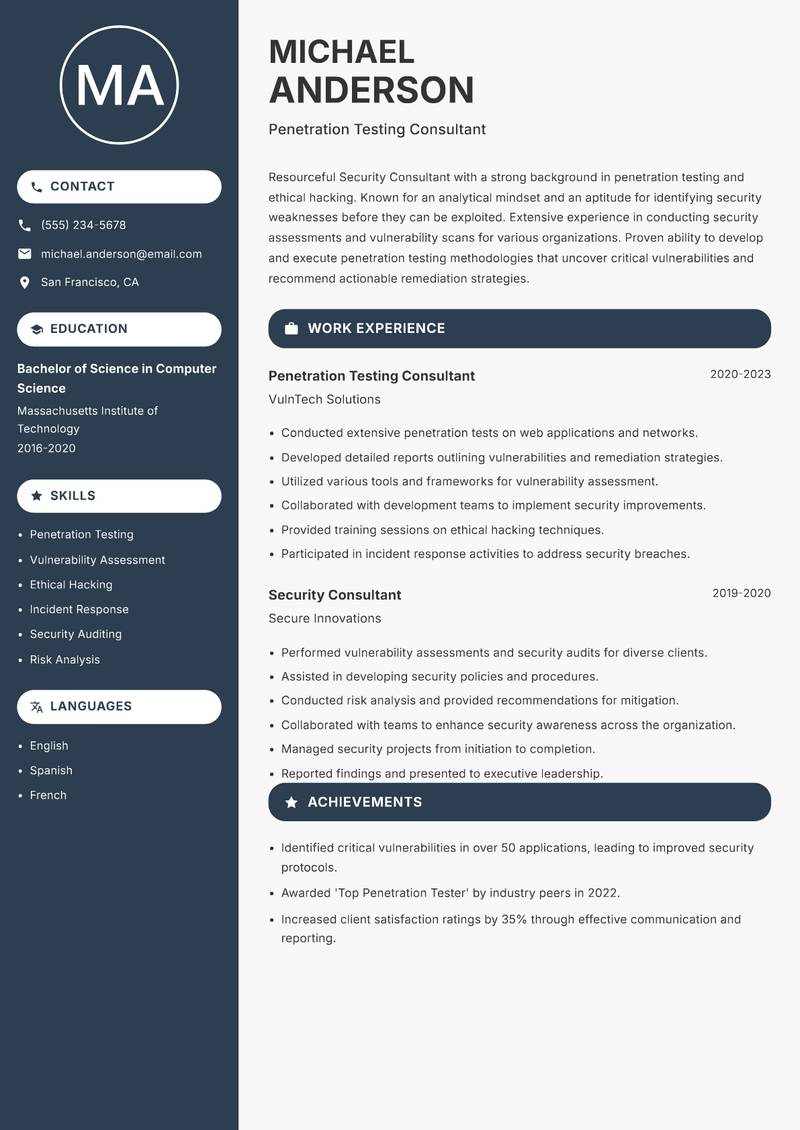Security Consultant resume sample — Penetration Testing Consultant focus