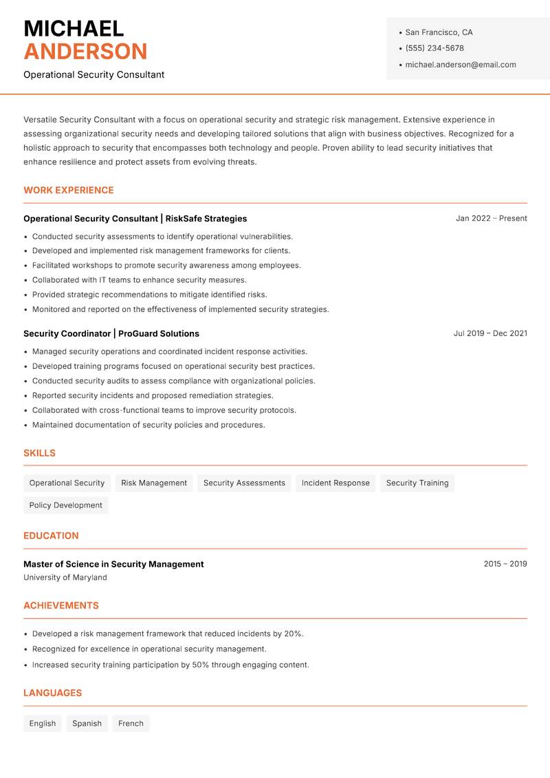Security Consultant resume sample — Operational Security Consultant focus