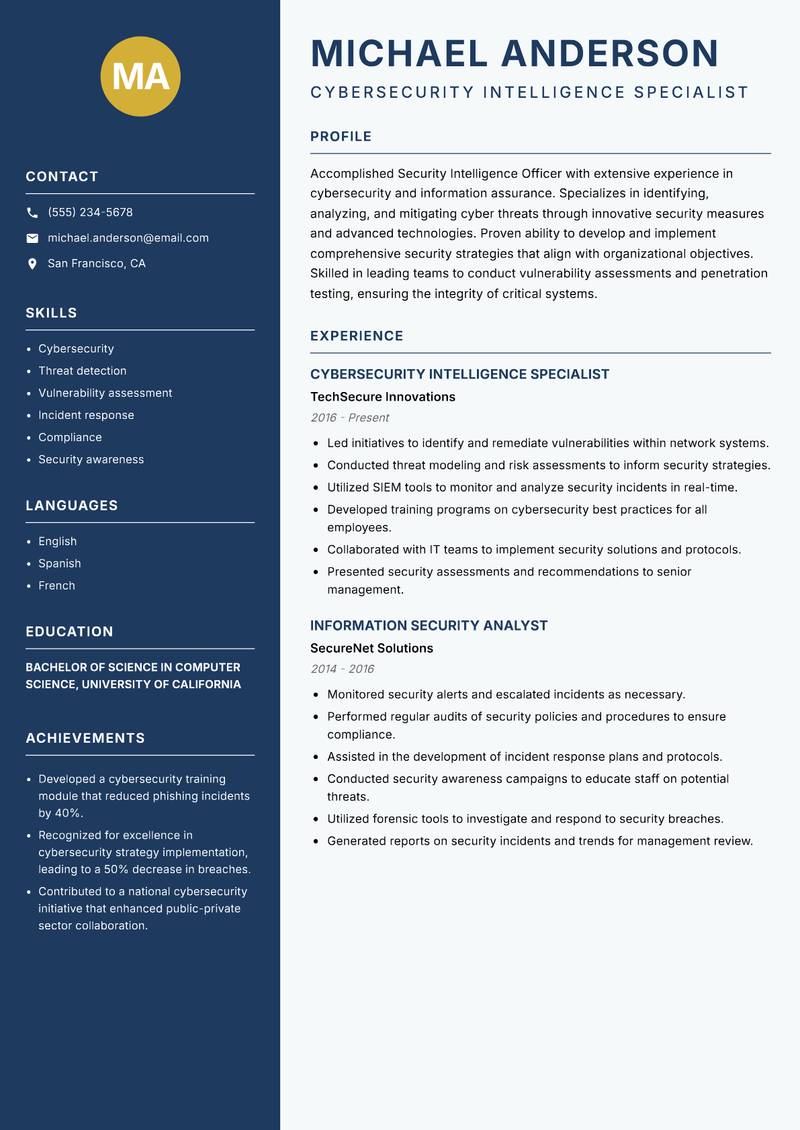 Security Intelligence Officer resume sample — Cybersecurity Intelligence Specialist focus
