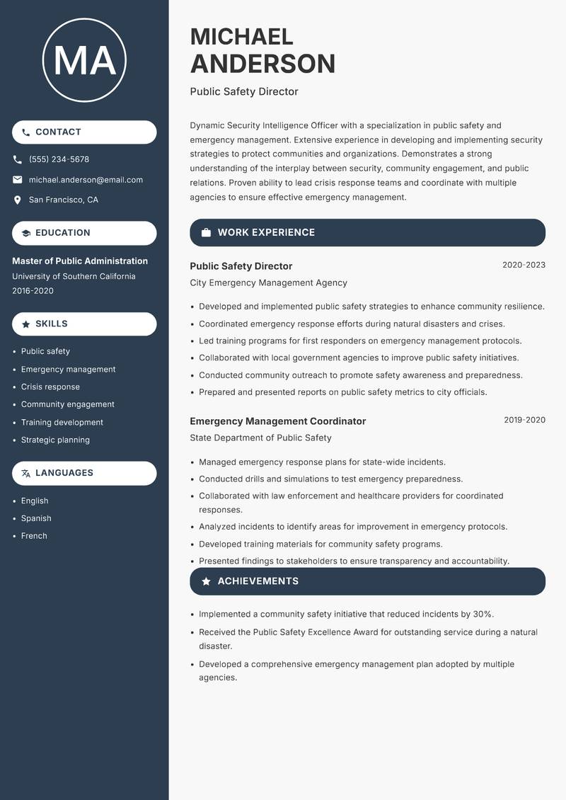 Security Intelligence Officer resume sample — Public Safety Director focus