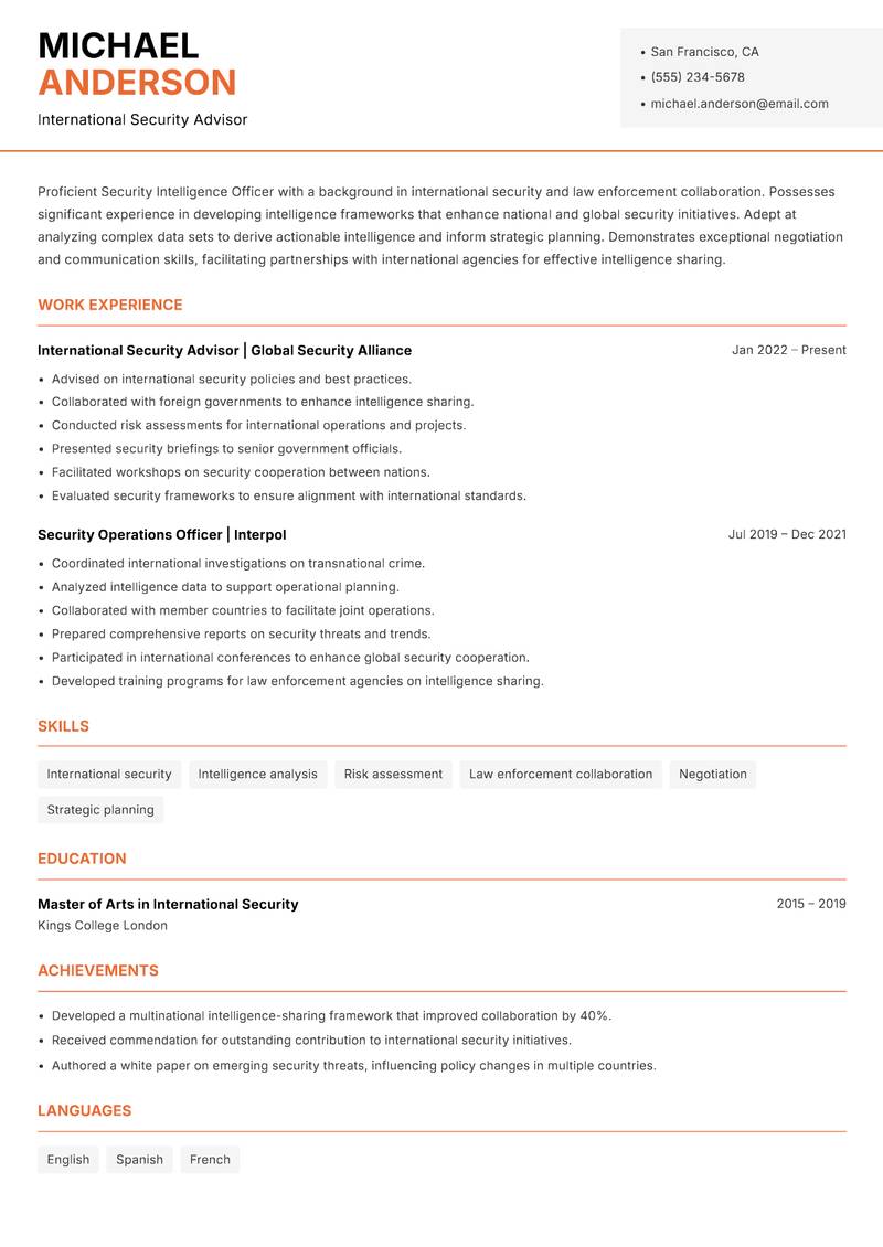 Security Intelligence Officer resume sample — International Security Advisor focus