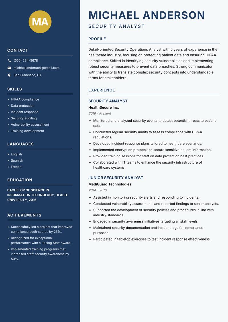 Security Operations Analyst resume sample — Security Analyst focus
