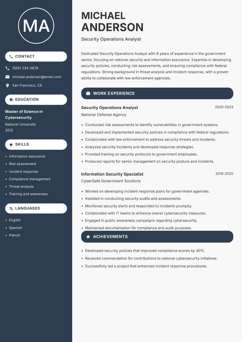 Security Operations Analyst resume sample — Security Operations Analyst focus