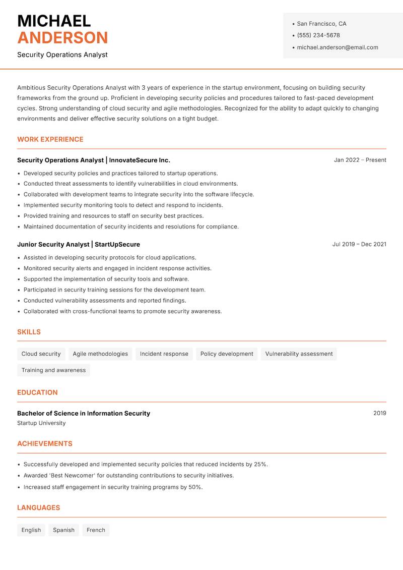 Security Operations Analyst resume sample — Security Operations Analyst focus