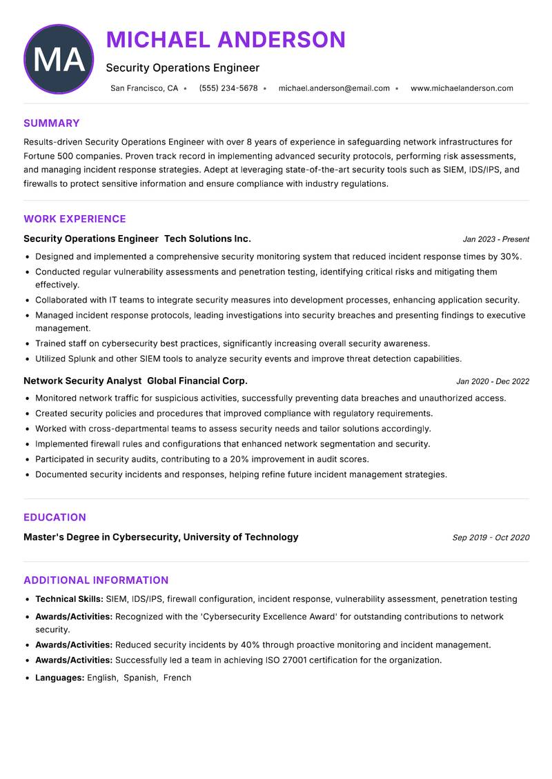Security Operations Engineer resume example