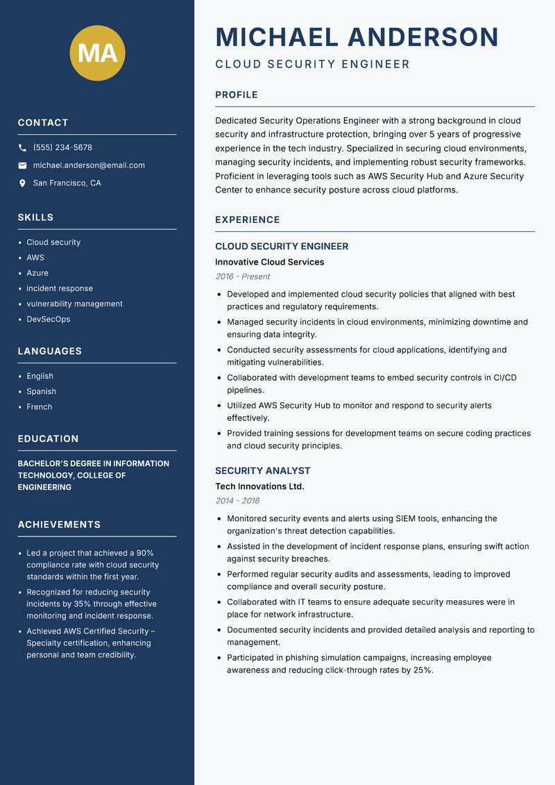 Security Operations Engineer resume sample — Cloud Security Engineer focus