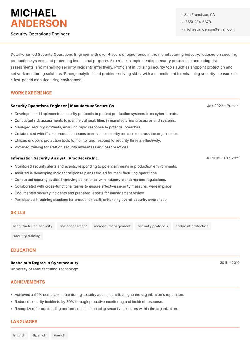 Security Operations Engineer resume sample — Security Operations Engineer focus