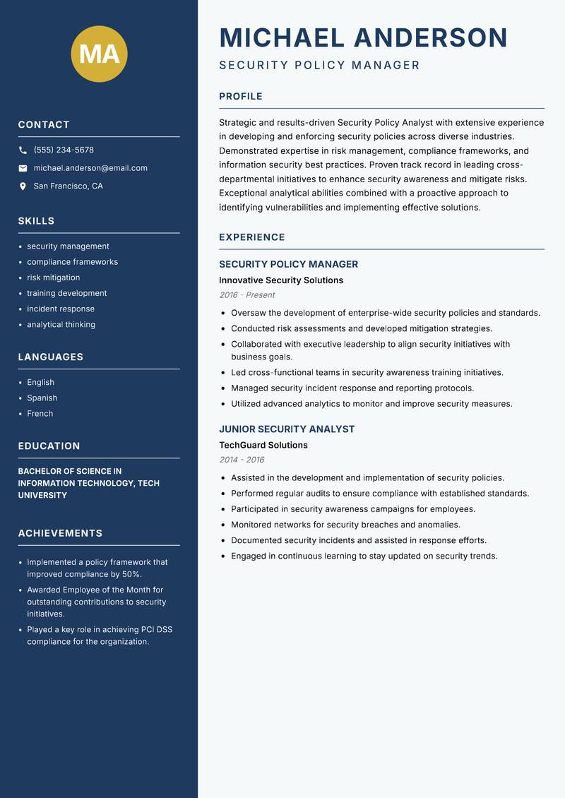 Security Policy Analyst resume sample — Security Policy Manager focus