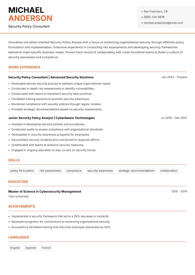 Security Policy Analyst resume sample — Security Policy Consultant focus