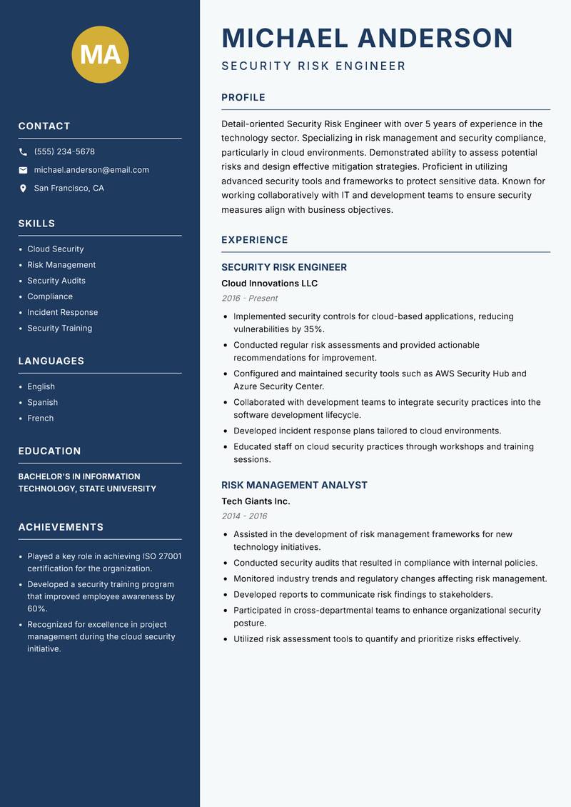Security Risk Engineer resume sample — Security Risk Engineer focus