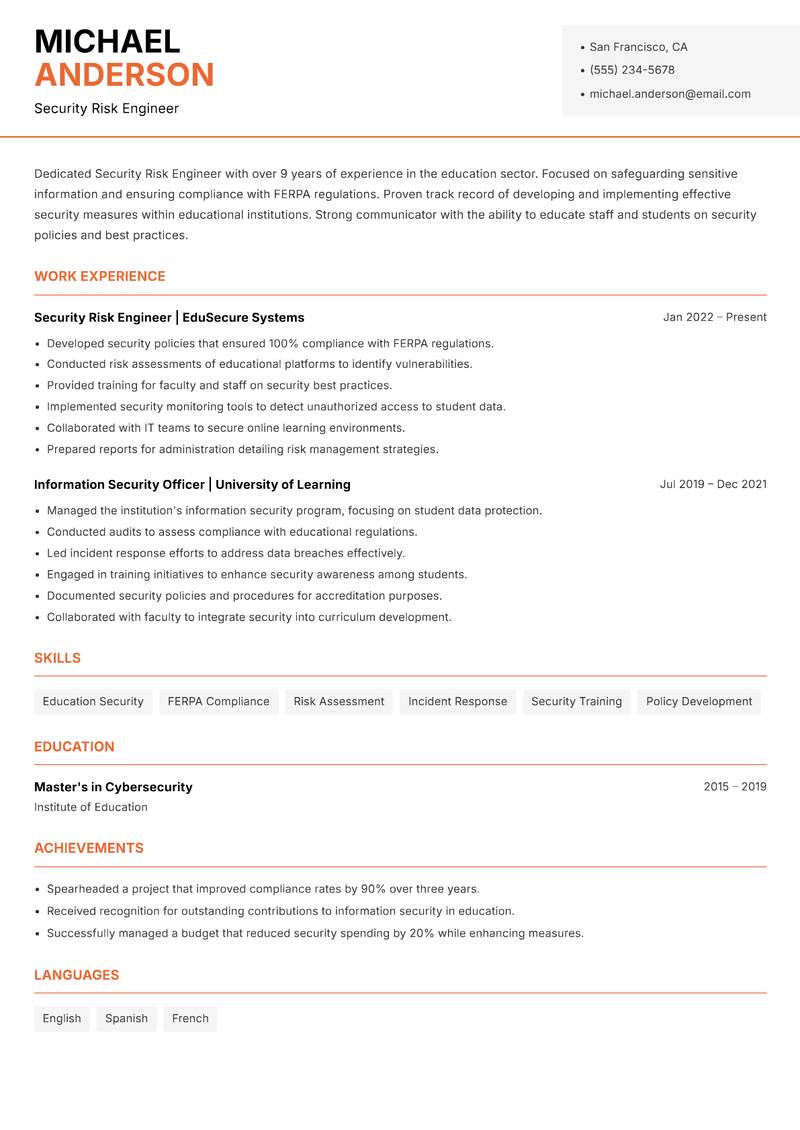 Security Risk Engineer resume sample — Security Risk Engineer focus