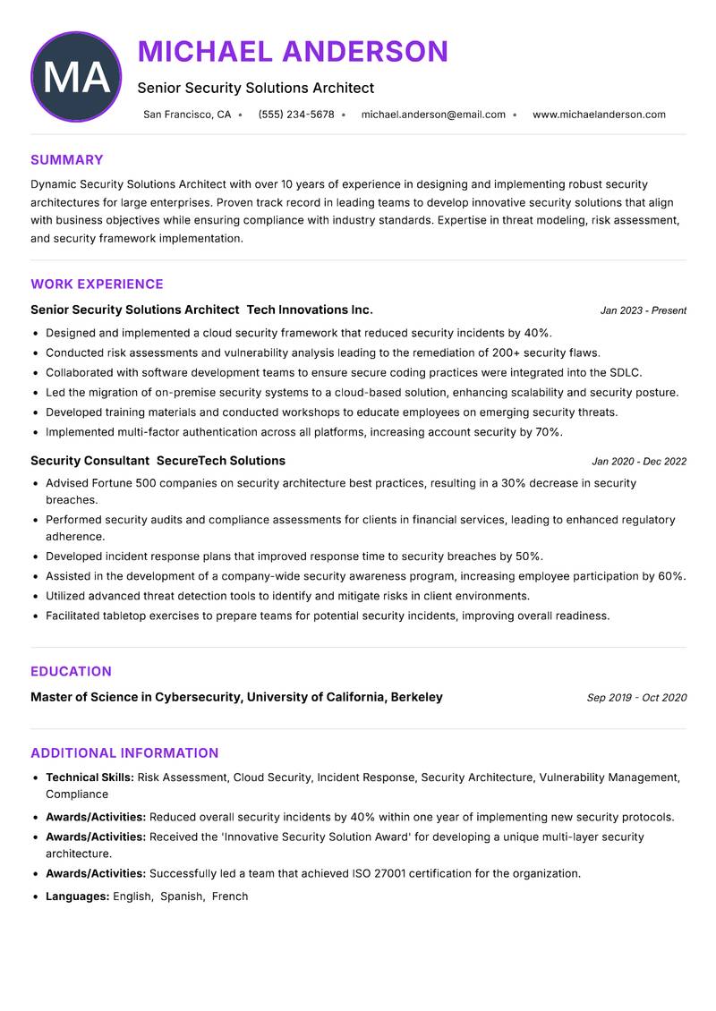 Security Solutions Architect resume example